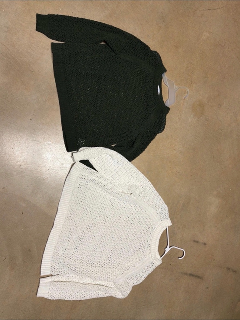 Time and Tru Open-Knit Crewneck Sweaters in Dark Green and White